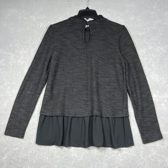 Loft Pullover Sweater Women’s Small Gray/ Black Long Sleeve Ruffled Chiffon Hem - Picture 5 of 8